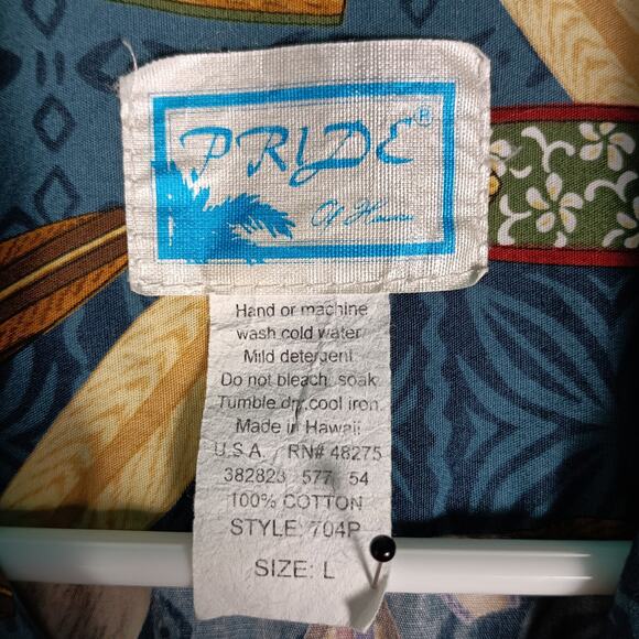 Pride Of Hawaii Surfboard Print Shirt Large Men Blue VTG Aloha Button Up - Picture 2 of 9